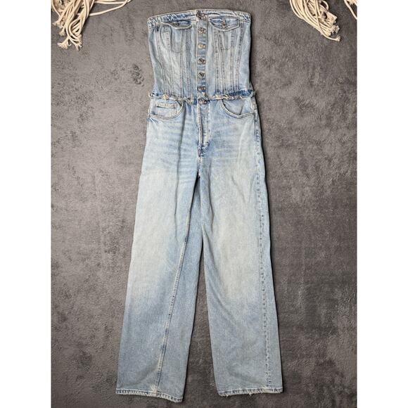 Zara Denim Strapless Jumpsuit Button Front XS Light Wash Distressed Baggy Leg - Picture 1 of 9